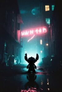 stitch standing in front of a shop in night