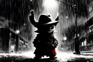 stitch with black eyes standing in rain dark image of stitch blody image
