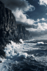 Dramatic scene of white sea foam and rough, dark waves below towering, rugged black cliffs under a cloudy, ominous sky.