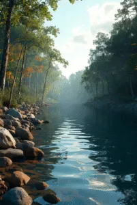 A clear, slow-moving river with sun-dappled water flowing through a dense forest with green summer foliage and a rocky, shaded bank in the foreground.