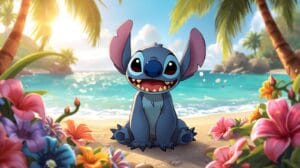 Lucid Origin Stitch from Lilo  Stitch sitting on a tropical be 1