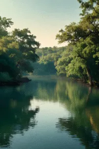 A serene, wide river with mirror-like reflections, bordered by dense, vibrant green forest and trees under a soft, clear sky.