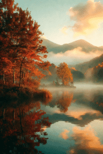 Still lake reflecting colorful autumn trees in shades of orange and red, with a layer of fog hovering over the water and misty mountains in the background.