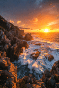 A high-angle view of large waves violently hitting dark, rugged cliffs during a vivid orange and yellow sunset.