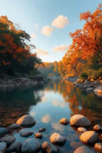A wide, shallow river with visible rounded stones beneath clear blue-green water, flanked by banks of bright orange autumn trees under a bright sky.