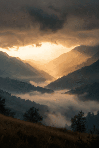 Dramatic mountain landscape at sunrise or sunset, showing sun rays breaking through dark clouds and illuminating a misty, layered valley floor with golden light.