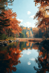 A clear sky over a still pond surrounded by a forest with bright orange, yellow, and green autumn foliage, perfectly reflecting the trees in the water.