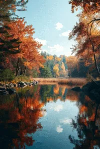 A clear sky over a still pond surrounded by a forest with bright orange, yellow, and green autumn foliage, perfectly reflecting the trees in the water.