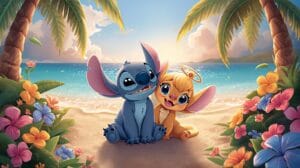 stitch and angel sitting in beach desktop image