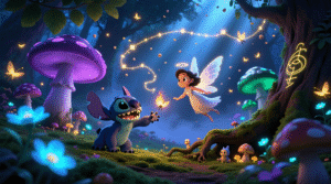 stitch and angel playing in moon night