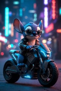 stitch sitting on a moter bike very handsome looking wearing glasses mobile wallpaper