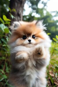 A tiny, fluffy orange and white Pomeranian puppy with large dark eyes sitting outdoors in front of green leaves and a tree trunk.