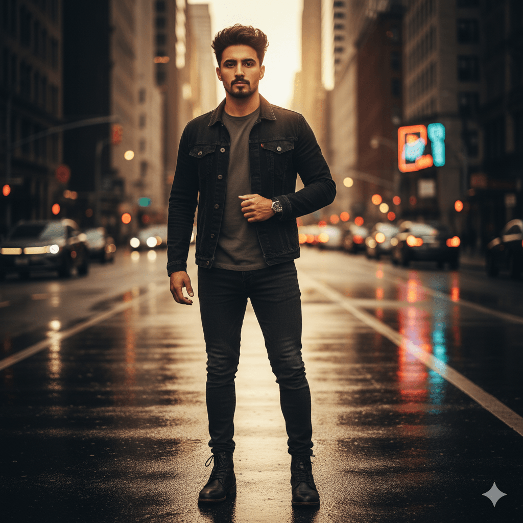boy standing between the road rainy  road in city 