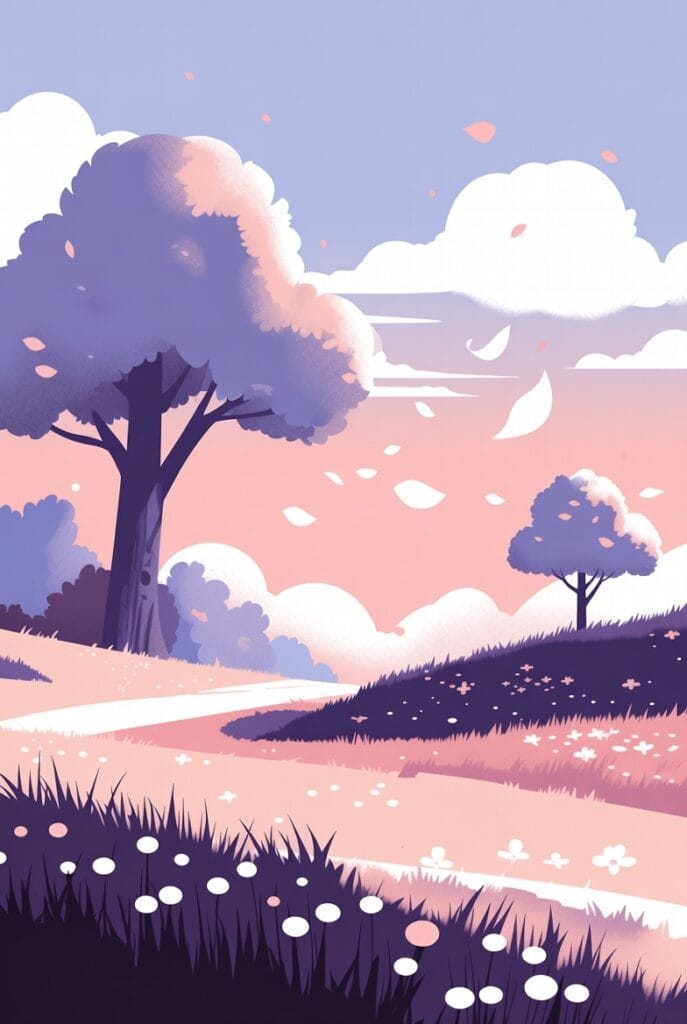 a beautifull ilustration of village path and trees beside it