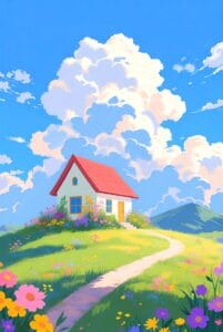 a beautifull small path and house ilustration wallpaper for mobile