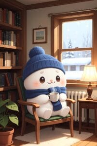 a cute puppy dringking hot tea near room window sitting on chair