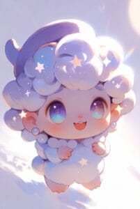 A cute, chibi-style character with fluffy blue and purple cloud-like hair adorned with small yellow stars, featuring large sparkling purple eyes and a happy expression.