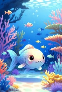 A colorful digital illustration of a large, pale blue fish with big eyes and pink cheeks in the foreground, with smaller yellow and pink fish swimming among coral and bubbles in a deep blue ocean.
