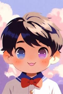 A cute anime-style character with black and blonde hair, large blue and purple eyes, and a small cat-like smile against a background of soft pink and white clouds.