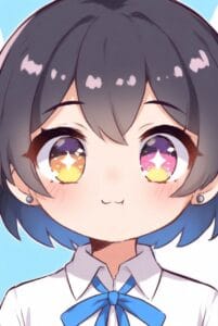 A close-up anime illustration of a young girl with grey and blue hair. She has a small cat-like smile and very large, expressive eyes containing a vibrant yellow, pink, and purple galaxy pattern with bright white stars.