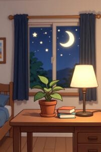 An anime-style illustration of a desk at night featuring a glowing lamp, two small books, and a potted plant in front of a window showing a crescent moon and stars in a dark blue sky.