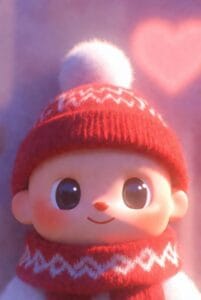 A close-up 3D-style illustration of a sweet character with round rosy cheeks and large dark eyes, wearing a red knitted beanie with a white pom-pom and a matching patterned scarf.