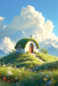 fairytale hillside cottage under large clouds