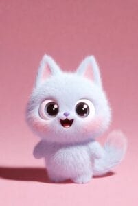 joyful white fluffy kitten illustration