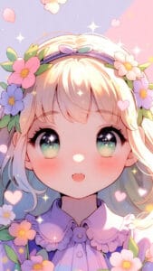 Adorable anime-style girl with a flower crown, big sparkling eyes, and rosy cheeks in a pastel garden scene