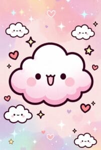 Adorable kawaii-style white cloud with pink cheeks on a pastel gradient background, surrounded by smaller clouds, hearts, and stars