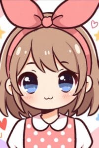 Adorable chibi girl with brown hair, pink bow headband, pink polka-dot dress on pastel background