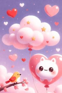 Adorable white cat with a heart-shaped balloon floating in a pastel pink-purple sky, surrounded by clouds, stars, and hearts
