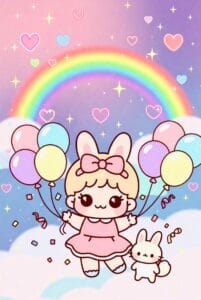 Adorable kawaii girl in pink dress holding balloons under a rainbow with a bunny, on a dreamy pastel sky