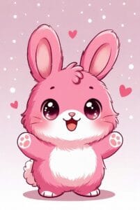 Adorable pink bunny cartoon with big eyes, white belly, on a pastel pink background with hearts