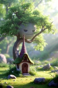 whimisical cottage beneath a giant tree spirt
