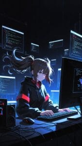 A young anime-style girl with a ponytail sits at a desk typing on a keyboard. She wears a black hoodie with red stripes and a red inner shirt. Surrounding her are multiple monitors displaying code and code-like graphics, with a dark blue neon glow and floating screens in the background. The scene has a futuristic, cyberpunk vibe with tangled cables and speakers on the desk