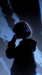 Stylized digital artwork of a person’s silhouette wearing a headset with a glowing blue emblem. The figure is adjusting the headset, set against a cosmic, abstract background with dark and light streaks, evoking a futuristic or gaming vibe.