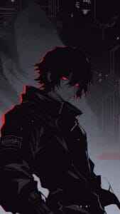 Digital artwork of an anime-style character with tousled dark hair and glowing red eyes, dressed in a futuristic black outfit with a high collar and sleeve patch. The background features abstract circuit-like patterns and a dark gradient, with red highlights outlining the figure. The number "194" appears at the bottom, adding a cryptic touch to the intense, tech-inspired composition.