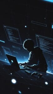 Stylized digital artwork of a person silhouetted against a dark, futuristic background illuminated by blue light. They are typing on a laptop surrounded by floating digital screens displaying code. A game controller and remote sit on the desk, blending themes of programming and gaming in a cyberpunk-inspired environment.