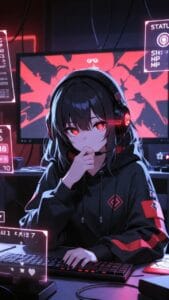 Anime-style illustration of a girl with red eyes and dark hair wearing a black hoodie and a gaming headset. She sits at a desk with a keyboard, illuminated by blue and red neon lights from a futuristic setup, with a large monitor and holographic UI panels around her