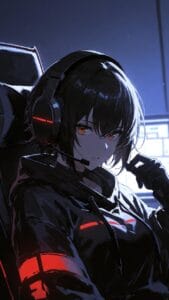 Anime-style illustration of a girl with short dark hair wearing a large headset with a red accent, sitting in a dim, high-tech setting. She has red eyes, a black hoodie with red details, and a thoughtful expression as she touches her headset, with blue-purple lighting in the background.