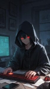 Digital artwork of a hooded character with glowing red eyes sitting at a desk in a dim room, typing on a red-backlit keyboard. The monitor displays code and data windows, surrounded by scattered papers, a smartphone, and a mouse. The moody atmosphere and intense gaze evoke a mysterious, cyberpunk vibe.
