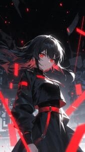 Anime-style illustration of a dark-haired girl with bright red eyes, wearing a black outfit with red accents and a belt. She stands amid glowing red neon shards against a moody, futuristic city background
