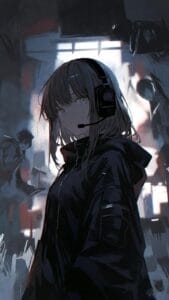 A young girl with light hair wearing a large headset and a microphone sits in a dim, neon-lit room. She looks over her shoulder with a wary expression. She wears a dark jacket, and the background features shadowy figures and blurred screens, giving a futuristic, cyberpunk atmosphere.