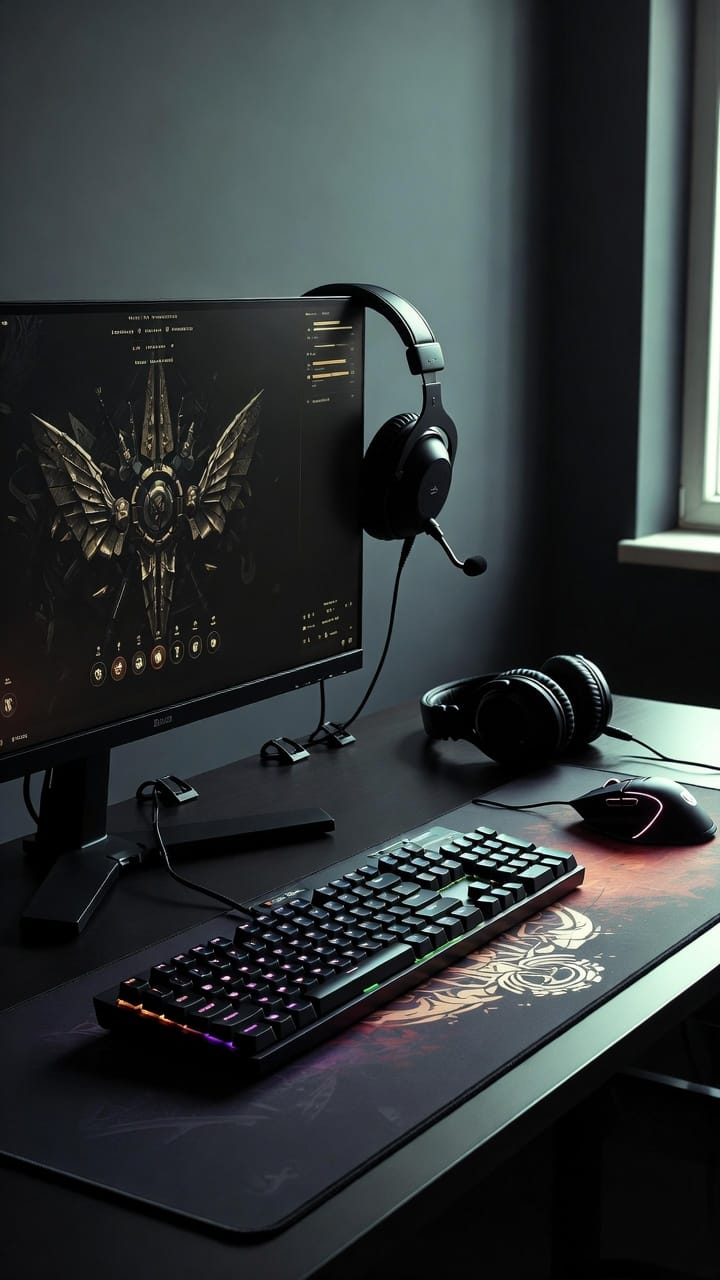 Gaming setup aesthetic with RGB and fantasy screen style