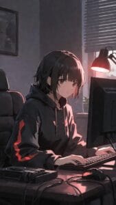 Anime-style illustration of a girl with short dark hair wearing a black hoodie with red stripes, sitting at a desk and typing on a keyboard. She wears a headset and is illuminated by a red desk lamp, with a computer monitor and various cables visible, creating a moody, late-night gaming vibe.