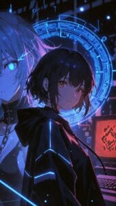 Digital artwork of two anime-style characters in a cyberpunk setting. The foreground figure has short dark hair and wears a black outfit with glowing blue lines. Behind them stands a character with light hair and a glowing blue eye, dressed in tech-enhanced clothing. Surrounding them are holographic blue interface elements and a red-screened computer, set against a backdrop of digital patterns and neon lights.