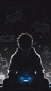 Stylized digital artwork of a hooded figure holding a glowing blue video game controller. The person is silhouetted against a dark background filled with outlines of retro and modern gaming controllers, including joysticks and dual analog pads. Pixelated and glitch-like graphics enhance the digital, cyber-themed atmosphere.