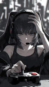 Anime-style illustration of a girl with short dark hair wearing a gaming headset. She sits at a desk, gripping a game controller with one hand and touching her head with the other. The atmosphere is moody and focused, with a dark background and subtle red highlights.