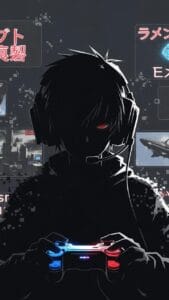 Stylized digital artwork of a silhouetted figure wearing a headset and holding a game controller lit with blue and red lights. The character’s glowing red eyes add dramatic intensity. Surrounding them are futuristic screens displaying Japanese text, a spaceship, and a cityscape, creating a vivid cyberpunk atmosphere.